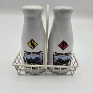 Vintage Farmhouse Salt & Pepper Shakers North Carolina Milk Bottles Basket Caddy